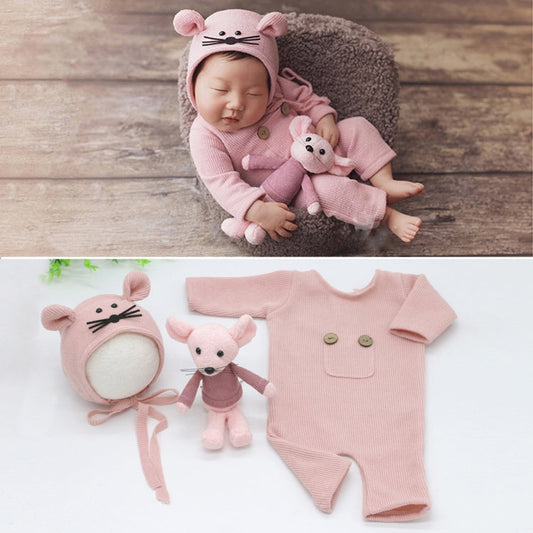 Newborn Photography Clothing Baby Knitted Jumpsuit Hat Mouse Doll Three Piece Set Pink